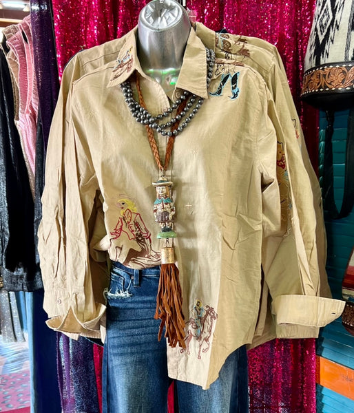 Camel Vintage Cowgirl Embroidery Shirt