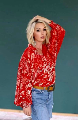 Red Cowboy Print Mesh Top